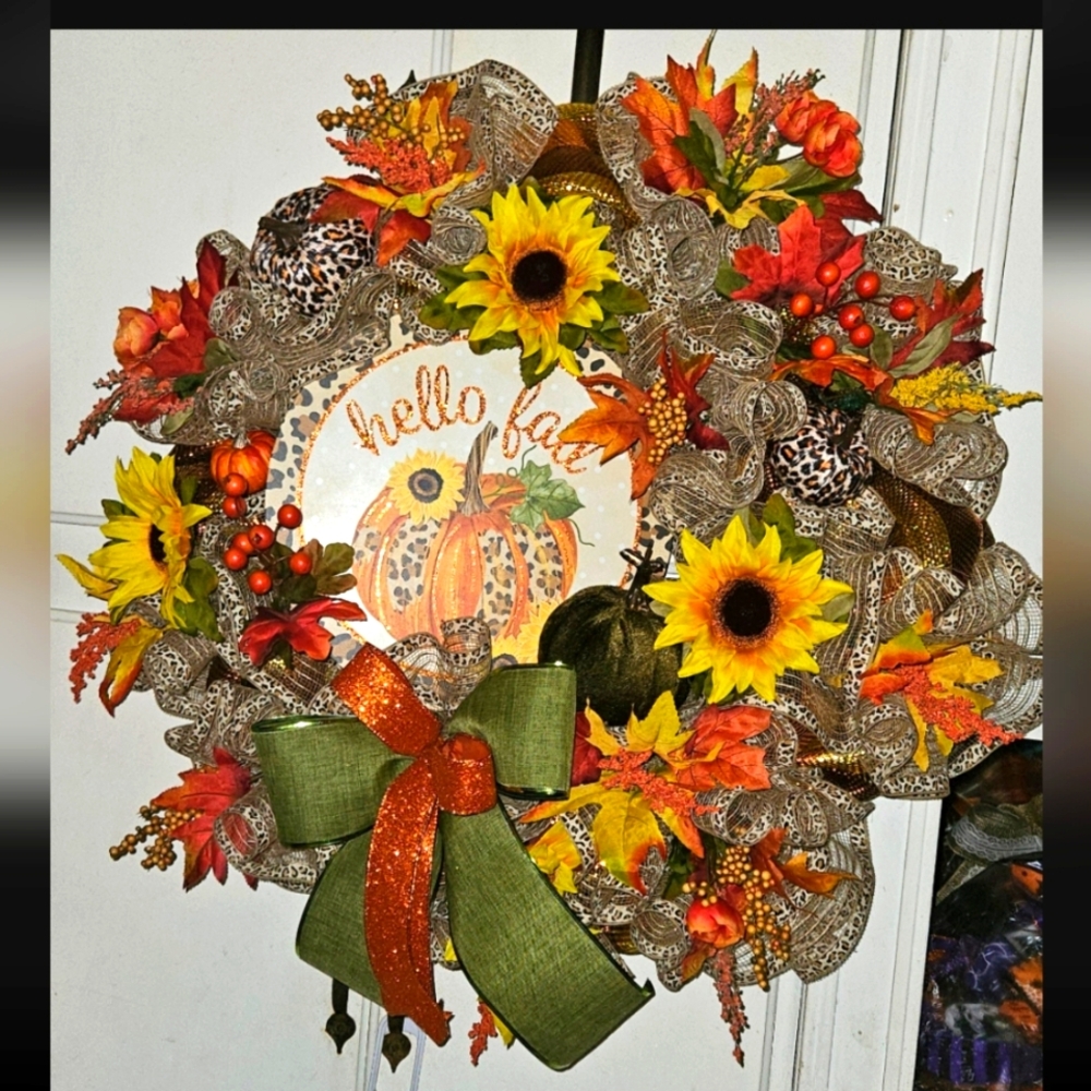 Fall Cheetah Print Wreath With Sunflowers Leaves And Berries